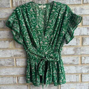 Max Studio Short Ruffle Sleeve V-Neck Tie Front Floral Blouse Women's Size S